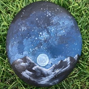Night Sky Mountain Hand Painted River Rock 3.5”